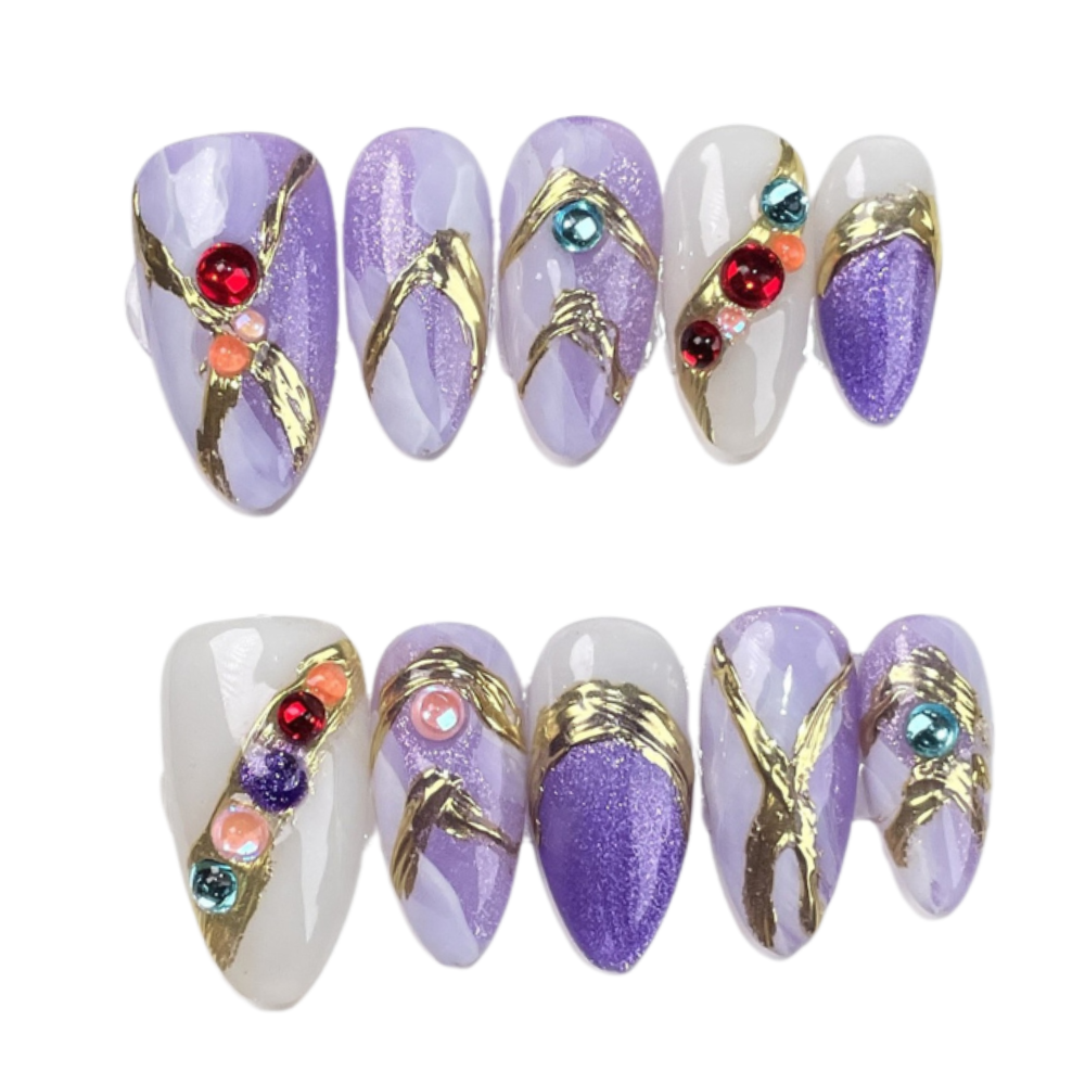 Golden Lavender Twist | Handmade Nails,Ellie Vincy Press on Nails,Medium Almond,Metallic, Geometric,Handmade Purple, Gold press on nails,10 pcs, false nails,reusable,glue on nails