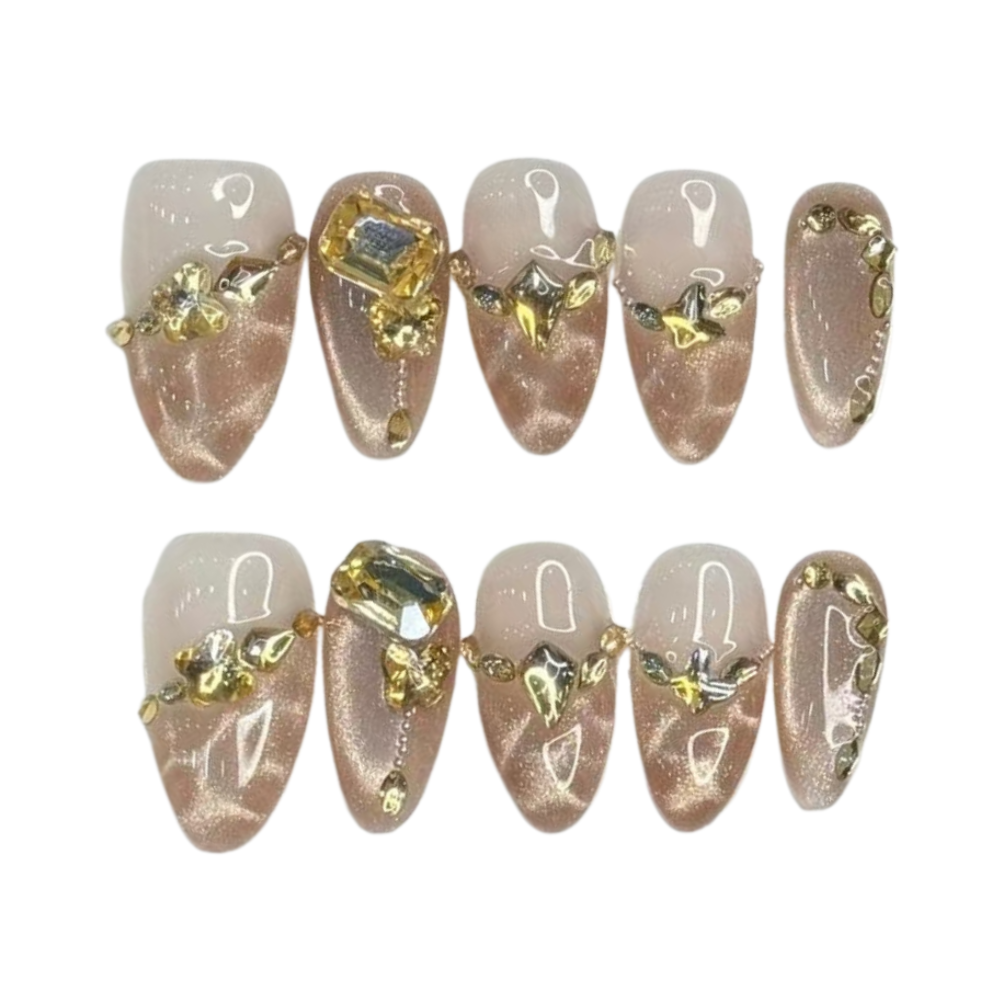 Gold Gemstone Nails| Handmade Nails,Ellie Vincy Press on Nails,Short Almond,Glitter, Geometric,Handmade Gold press on nails,10 pcs, false nails,reusable,glue on nails