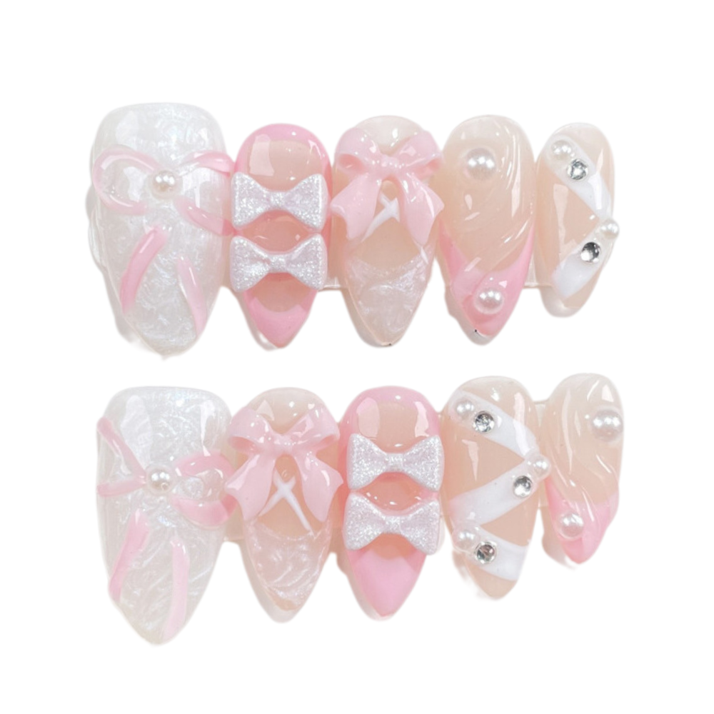 Ballet Pink Bow| Handmade Nails,Ellie Vincy Press on Nails,Medium Almond,Cute, Glitter,Handmade Pink, White press on nails,10 pcs, false nails,reusable,glue on nails