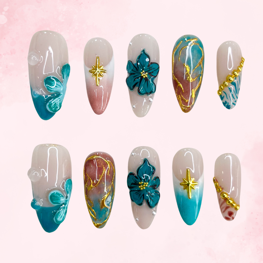 Blue Golden Flower | Handmade Nails,Ellie Vincy Press on Nails,Medium Almond,Floral, Ombre,Handmade White, Blue, Brown, Nude, Floral press on nails,10 pcs, false nails,reusable,glue on nails