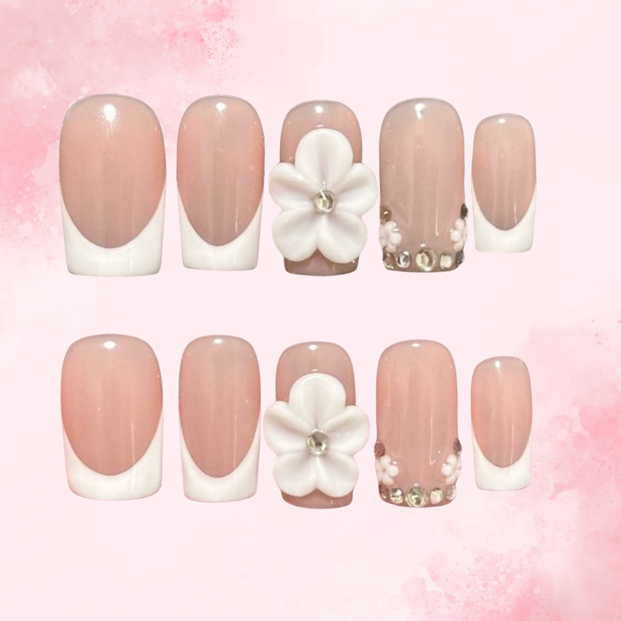 Wild Petal | Handmade Nails,Ellie Vincy Press on Nails,Short Almond,Cute, Floral, French tip,Handmade White, Pink, Floral press on nails,10 pcs, False nails,Reusable,Glue on nails,Sticky on nails,Pop on nails