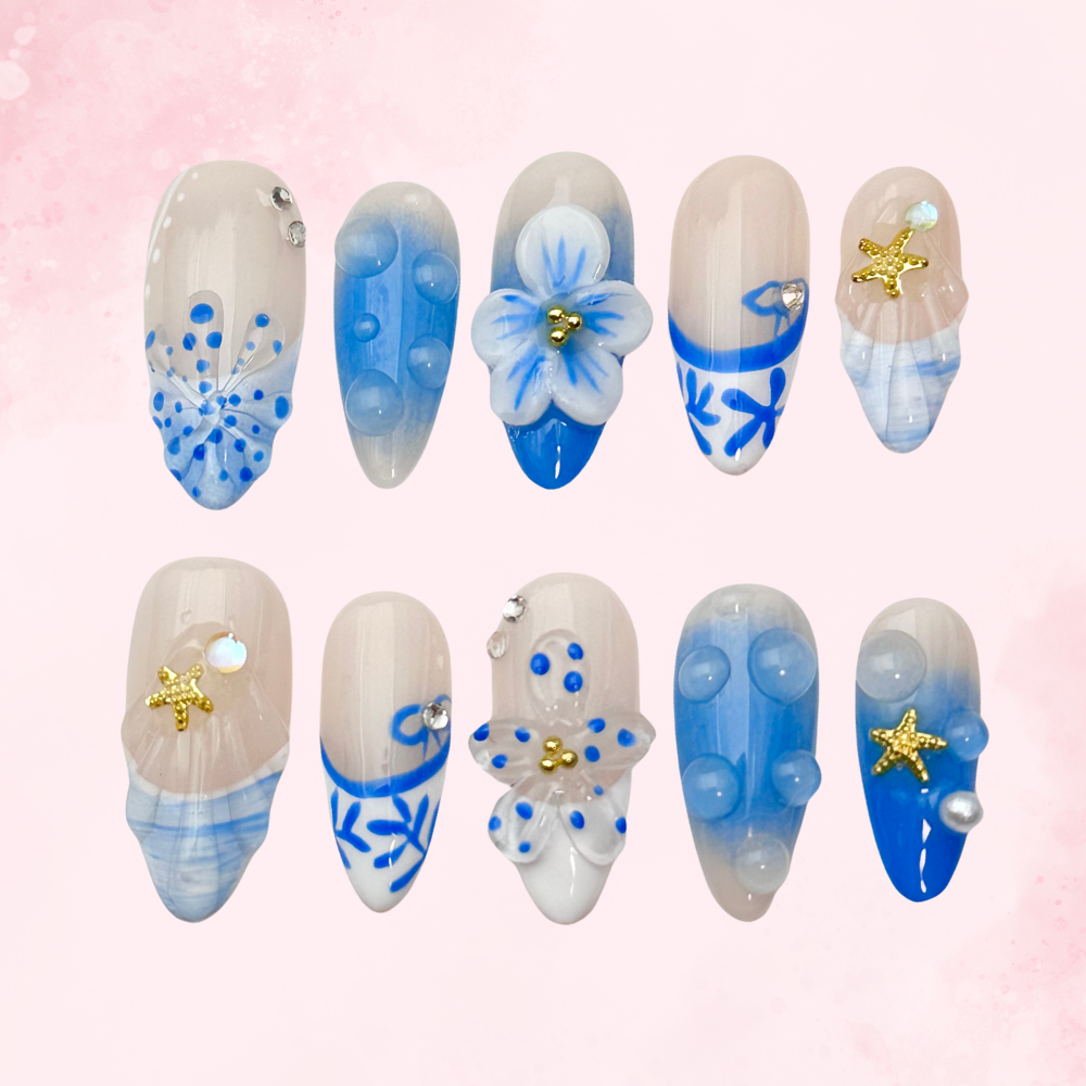 Blue Shell | Handmade Nails,Ellie Vincy Press on Nails,Long, Medium Almond,Floral, Cute, Natural, Ombre,Handmade White, Blue, Gray press on nails,10 pcs, false nails,reusable,glue on nails