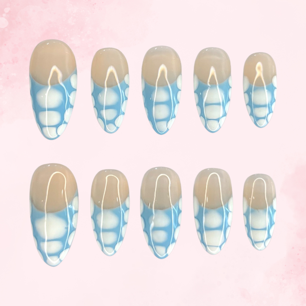 Fun Blue Tips | Handmade Nails,Ellie Vincy Press on Nails,Medium Almond,Geometric, Solid color,Handmade White, Blue, Nude press on nails,10 pcs, false nails,reusable,glue on nails