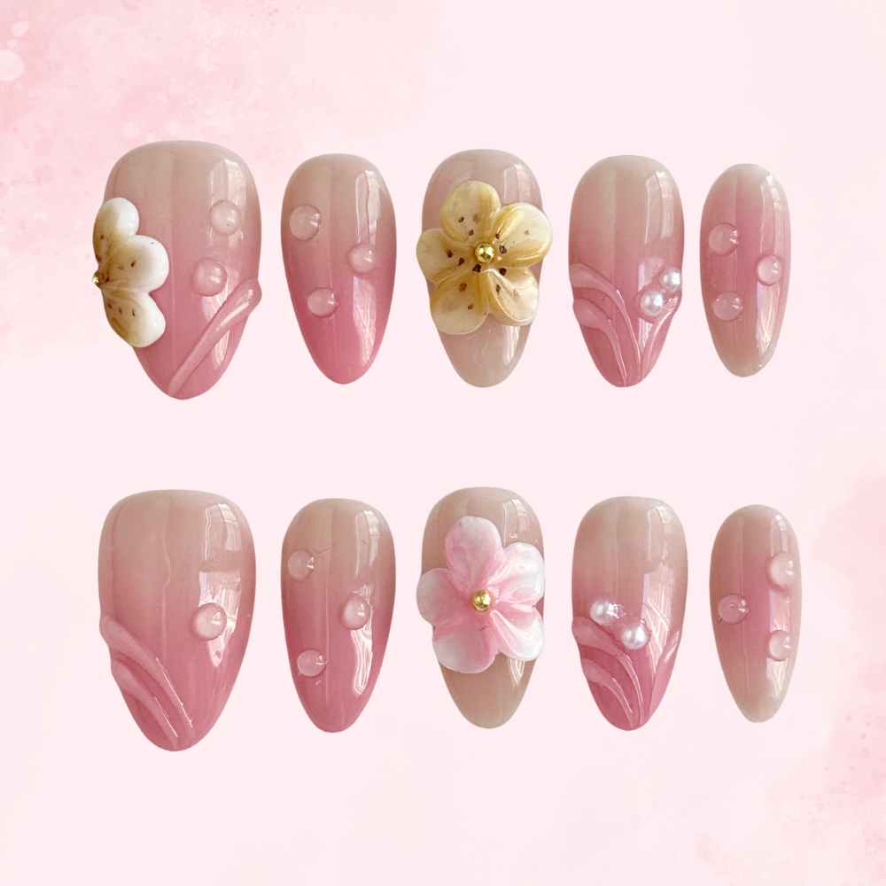 3D Blossom | Handmade Nails,Ellie Vincy Press on Nails,Medium, Short Almond,Floral, Cute, French tip,Handmade Red, White, Pink, Floral press on nails,10 pcs, false nails,reusable,glue on nails