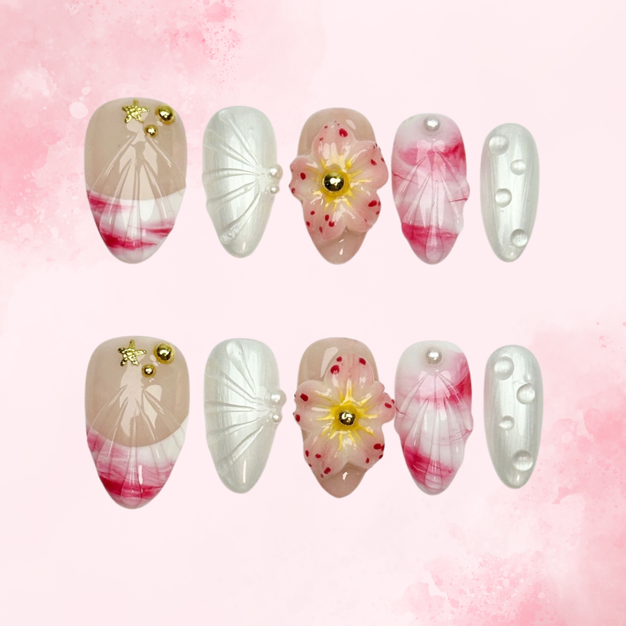 Shell Bloom | Handmade Nails,Ellie Vincy Press on Nails,Short Almond,Ombre, Metallic, Iridescent, Floral, Solid color, French tip,Handmade Pink, White, Floral press on nails,10 pcs, False nails,Reusable,Glue on nails,Sticky on nails,Pop on nails