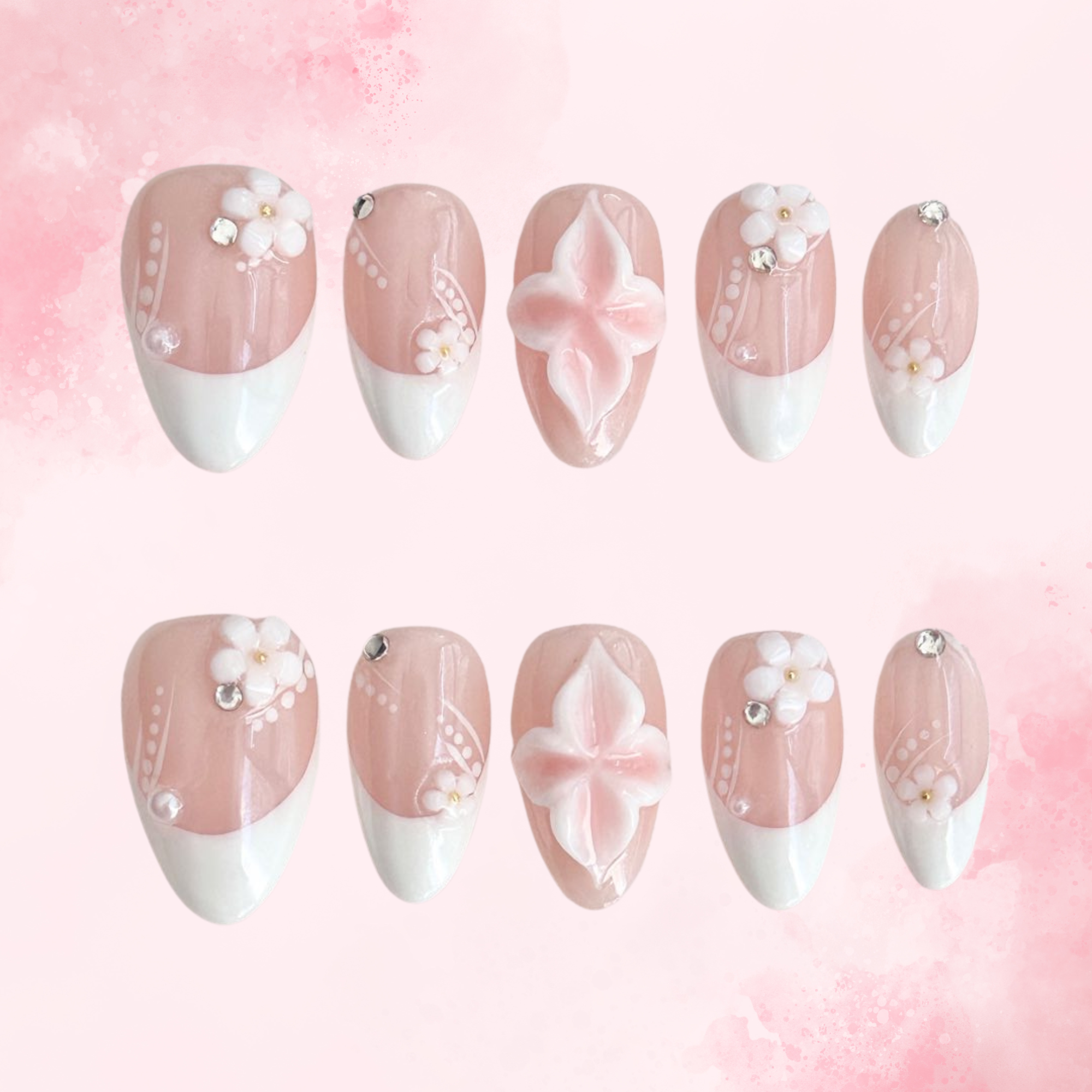 Blush Petals | Handmade Nails,Ellie Vincy Press on Nails,Short Almond,Cute, Floral, French tip,Handmade White, Floral, Pink press on nails,10 pcs, False nails,Reusable,Glue on nails,Sticky on nails,Pop on nails