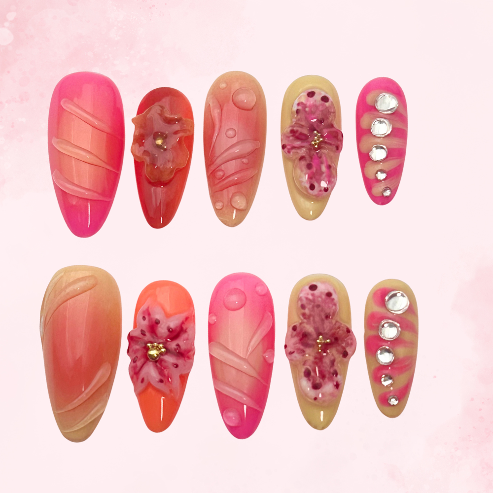 3D Floral Nails | Handmade Nails,Ellie Vincy Press on Nails,Long, Medium Almond,Cute, Floral,Handmade Red, Orange press on nails,10 pcs, false nails,reusable,glue on nails