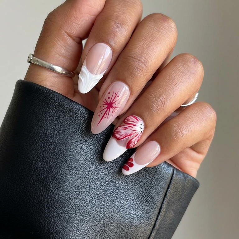 Ellie Vincy Press on Nails Crimson Blossom | Handmade Nails Almond Pink, Red, White Cute, Floral, French tip