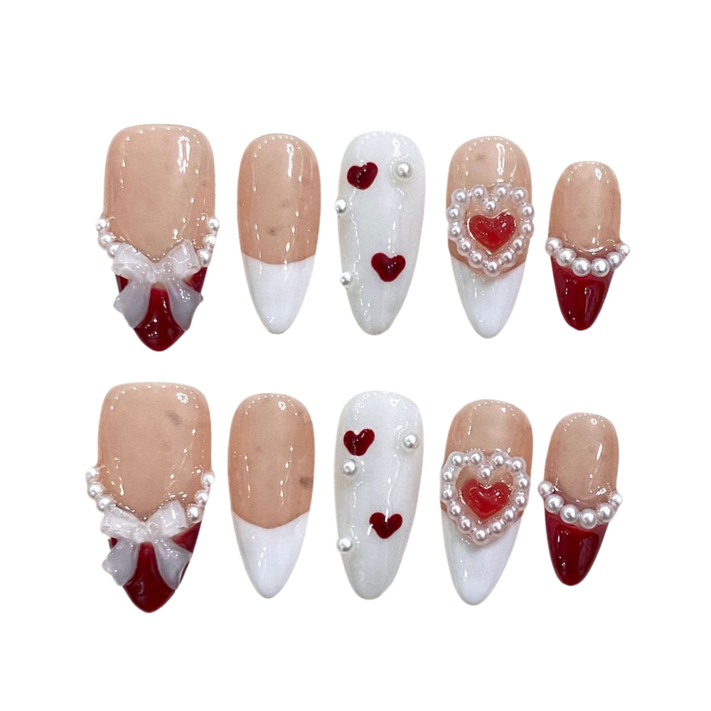 3D Heart & Bow | Handmade Nails,Ellie Vincy Press on Nails,Short, Medium Almond,French tip,Handmade Red, White press on nails,10 pcs, false nails,reusable,glue on nails