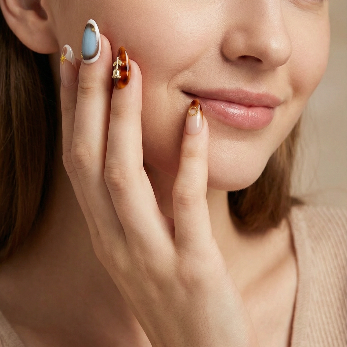 Close-up of a woman wearing earrings with a neutral background