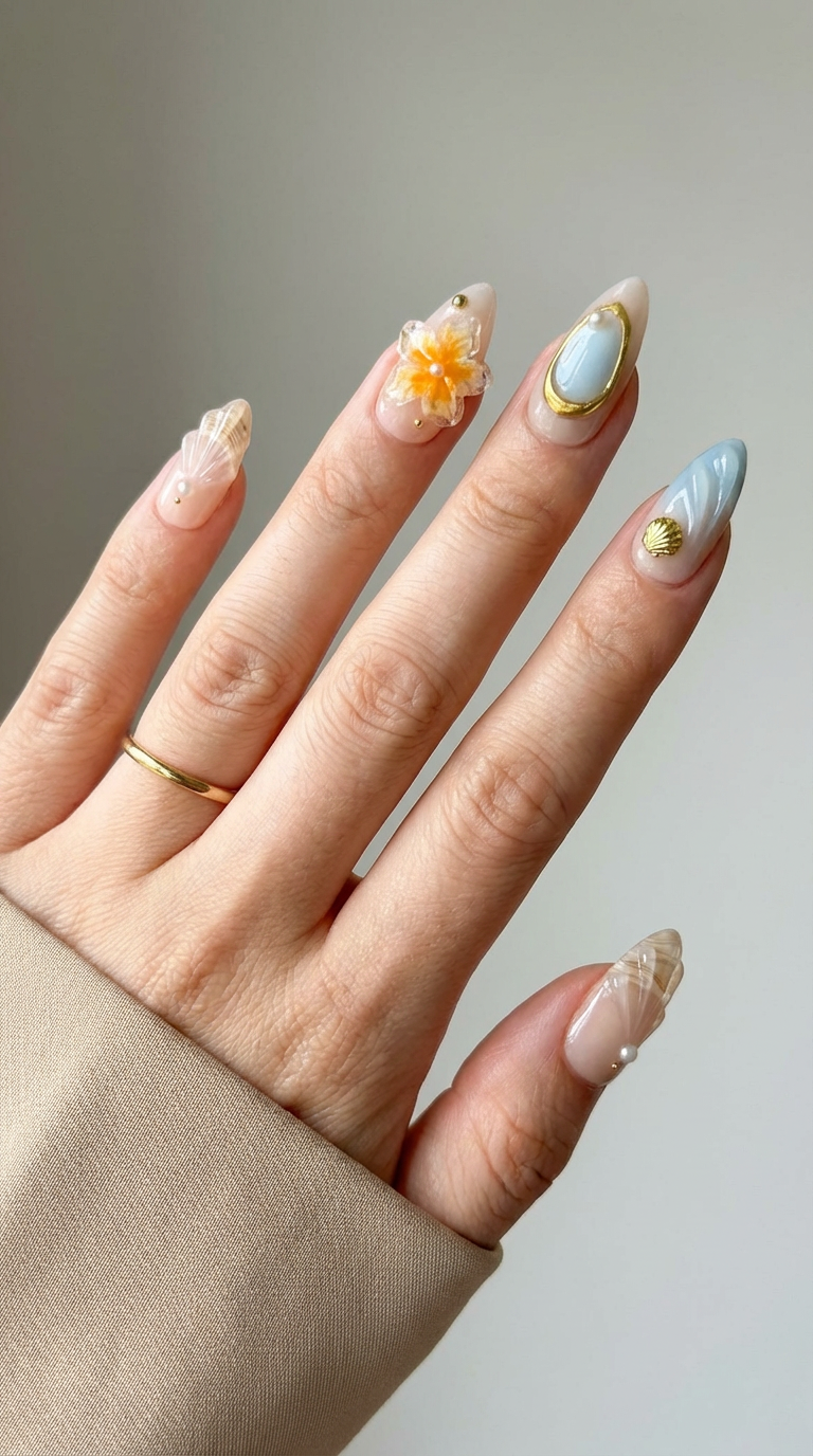 ellie vincy press on nails Coastal Shell Almond Luxury Short Glue on Press on Nails Almond, Square Floral, Pink, Beige, Geometric Floral, French tip, Abstract, Geometric, Metallic
