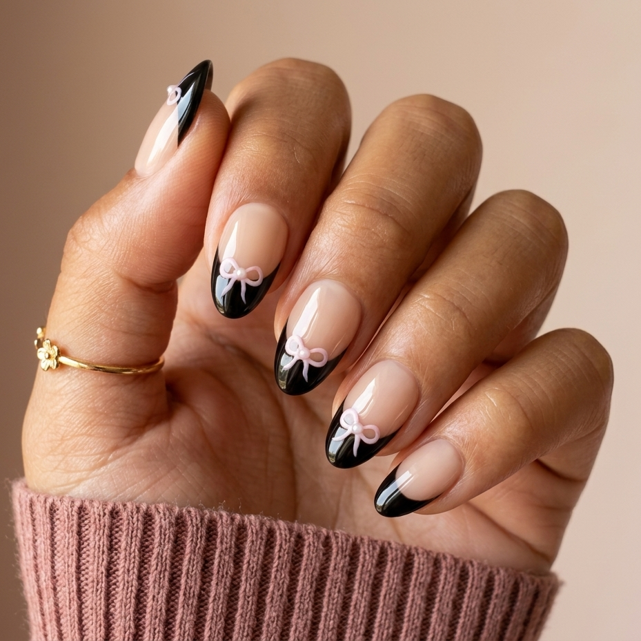 Hand with black and white nail design holding a pink sweater sleeve against a beige background