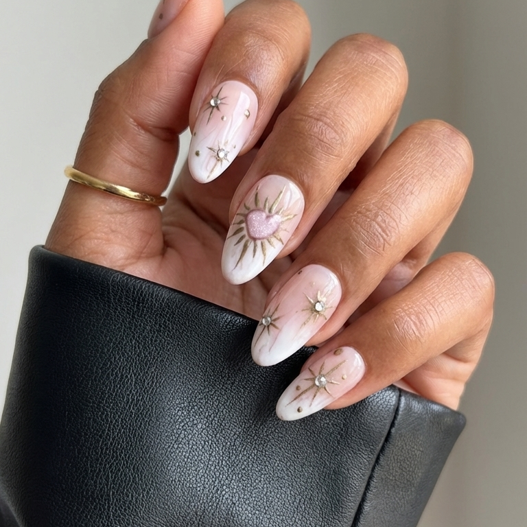 Ellie Vincy Press on Nails Starlit Heart Bloom | Handmade Nails Almond White, Gold Iridescent, Metallic, Solid color