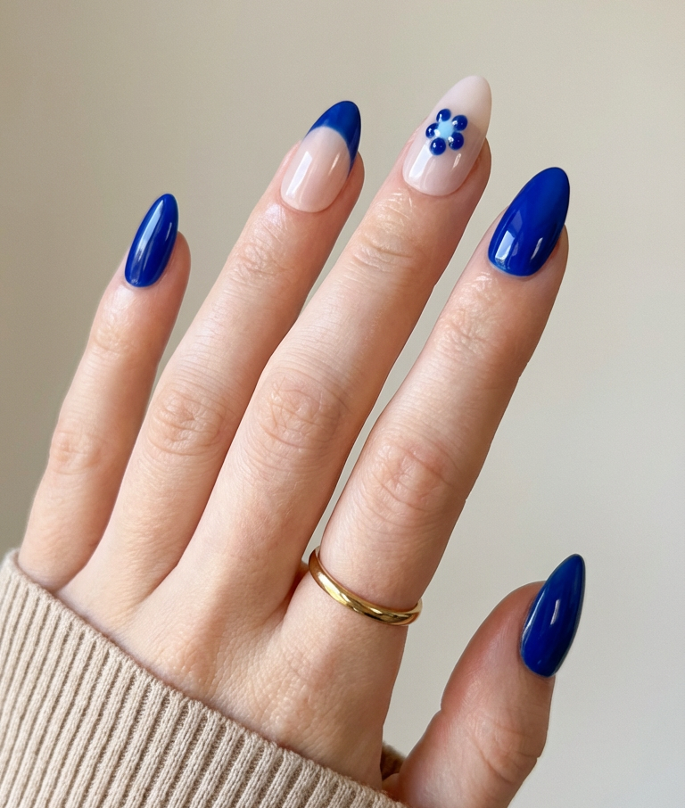 ellie vincy press on nails Indigo Bloom | Handmade Nails Almond White, Blue, Nude, Floral Cute, Floral, French tip