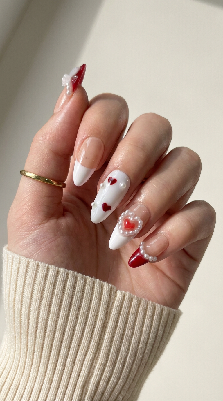 ellie vincy press on nails 3D Heart & Bow | Handmade Nails Almond Red French tip