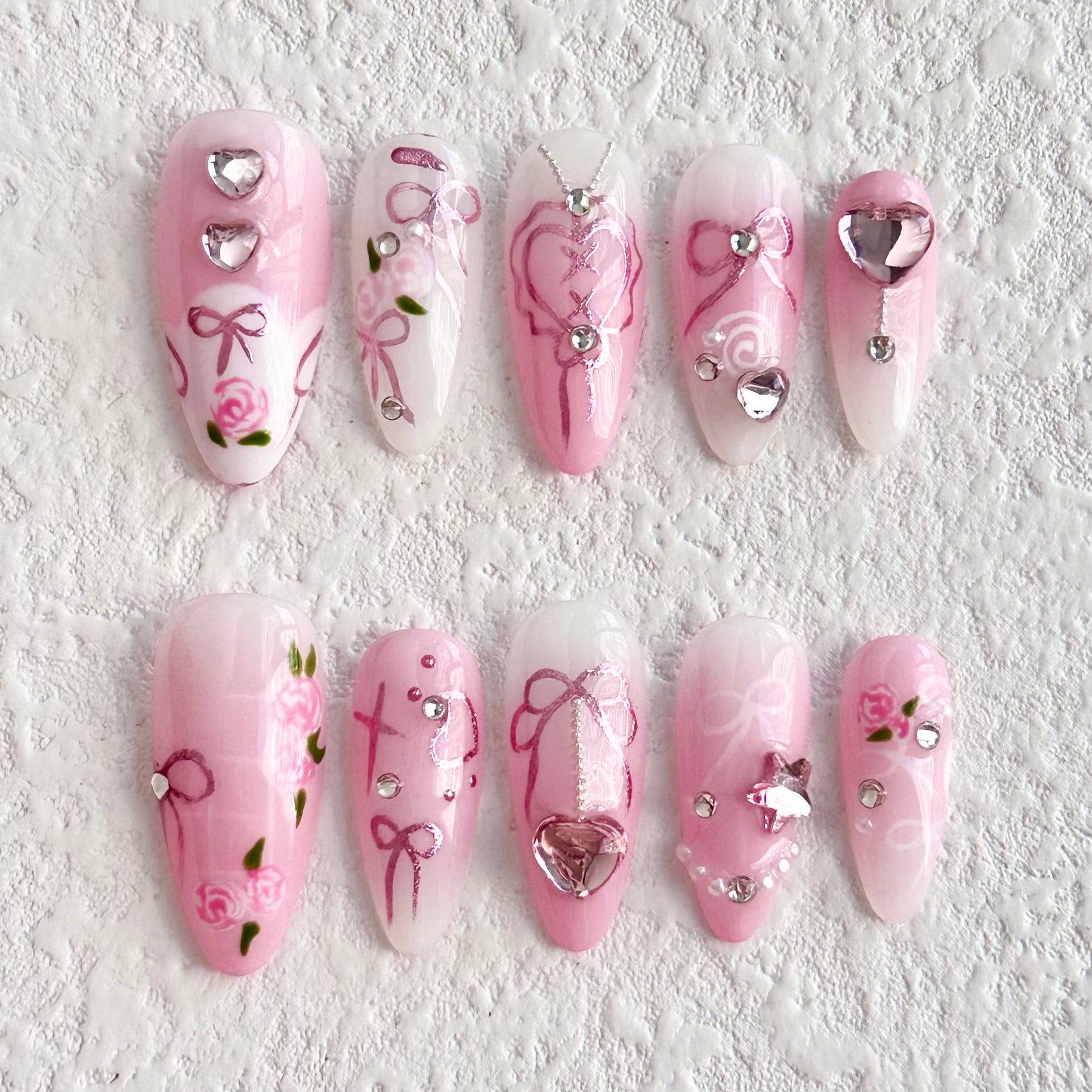 Pink Ribbon | Handmade Nails,Ellie Vincy Press on Nails,Long, Medium Almond,Floral, Cute,Handmade Pink, White, Floral press on nails,10 pcs, false nails,reusable,glue on nails