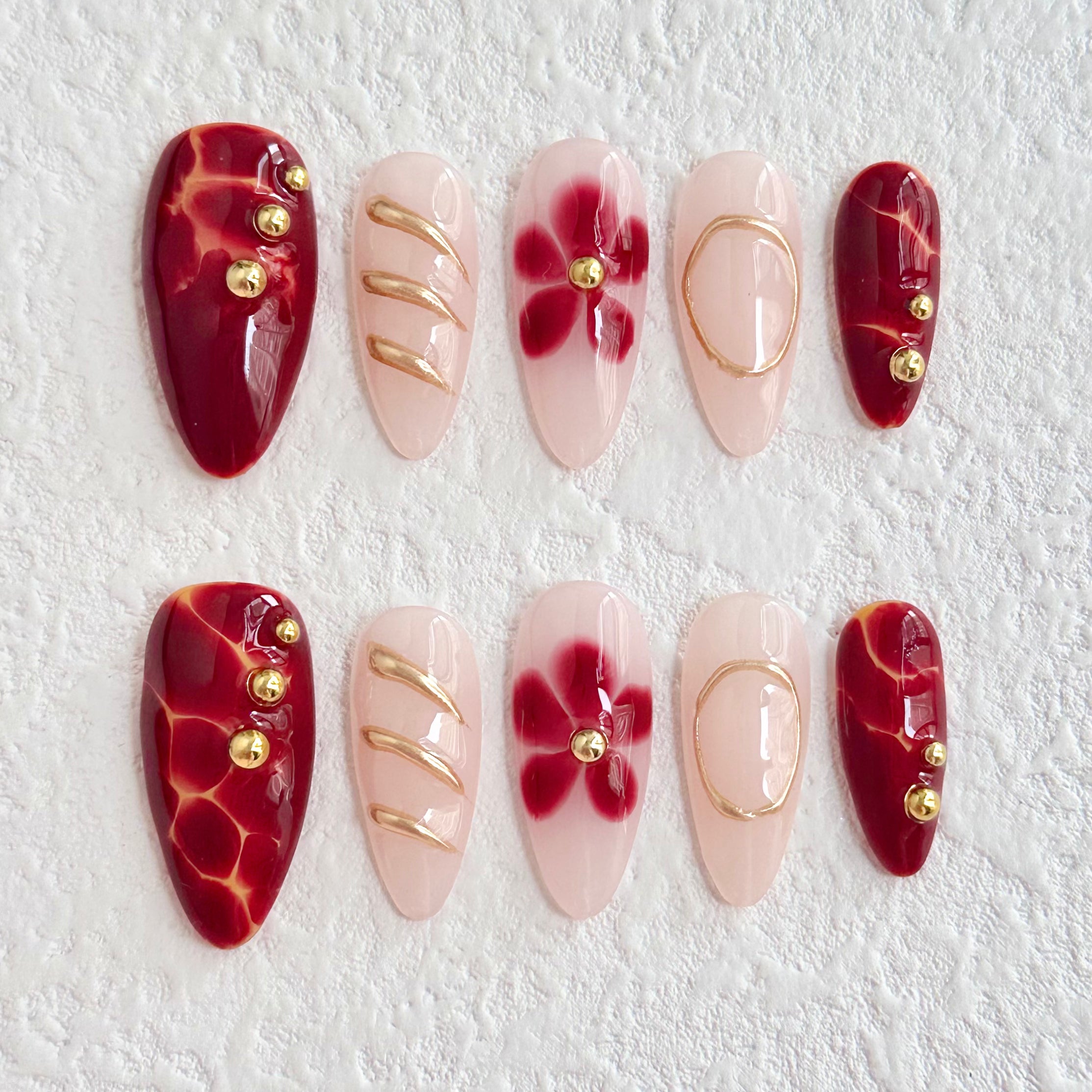 Burgundy Gold Accent | Handmade Nails,Ellie Vincy Press on Nails,Long, Medium Almond,Cute, Glitter, Floral,Handmade Pink, White, Floral, Gold press on nails,10 pcs, false nails,reusable,glue on nails