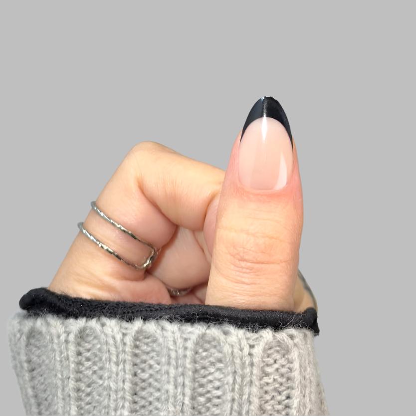 french tip, black french nails, black nude nails, french tip glazed, french tip chrome, chrome nails, press on nails, glued on nails,