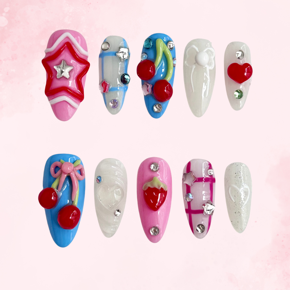 Sweet Treat | Handmade Nails,Ellie Vincy Press on Nails,Long, Medium Almond,Floral, Cute, Glitter,Handmade Pink, White, Floral, White press on nails,10 pcs, False nails,Reusable,Glue on nails,Sticky on nails,Pop on nails