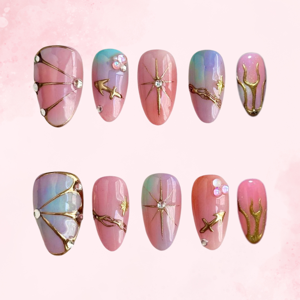 Mystic Ocean | Handmade Nails Ellie Vincy Short Almond Handmade press on nails 10 pcs false nails,reusable