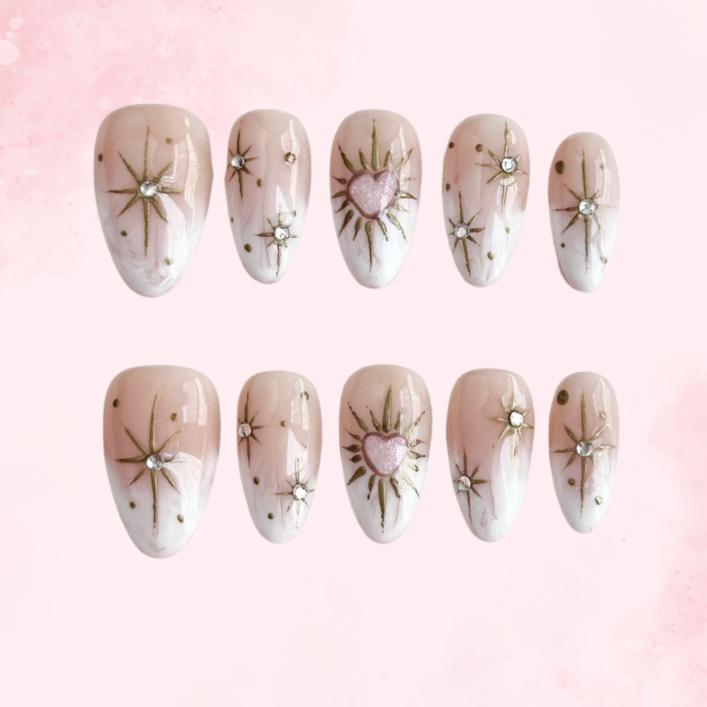 Starlit Heart Bloom | Handmade Nails,Ellie Vincy Press on Nails,Short Almond,Iridescent, Metallic, Solid color,Handmade White, Gold press on nails,10 pcs, False nails,Reusable,Glue on nails,Sticky on nails,Pop on nails
