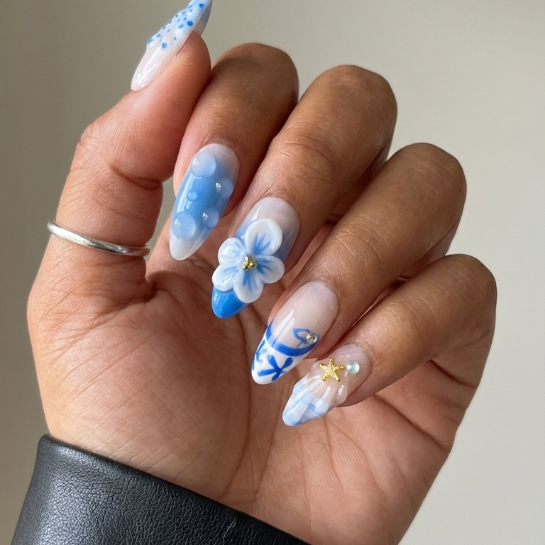 ellie vincy press on nails Blue Shell | Handmade Nails Almond White, Blue, Gray, Floral Floral, Cute, Natural, Ombre