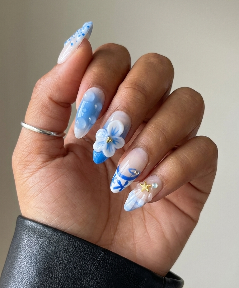 ellie vincy press on nails Blue Shell | Handmade Nails Almond White, Blue, Gray, Floral Floral, Cute, Natural, Ombre