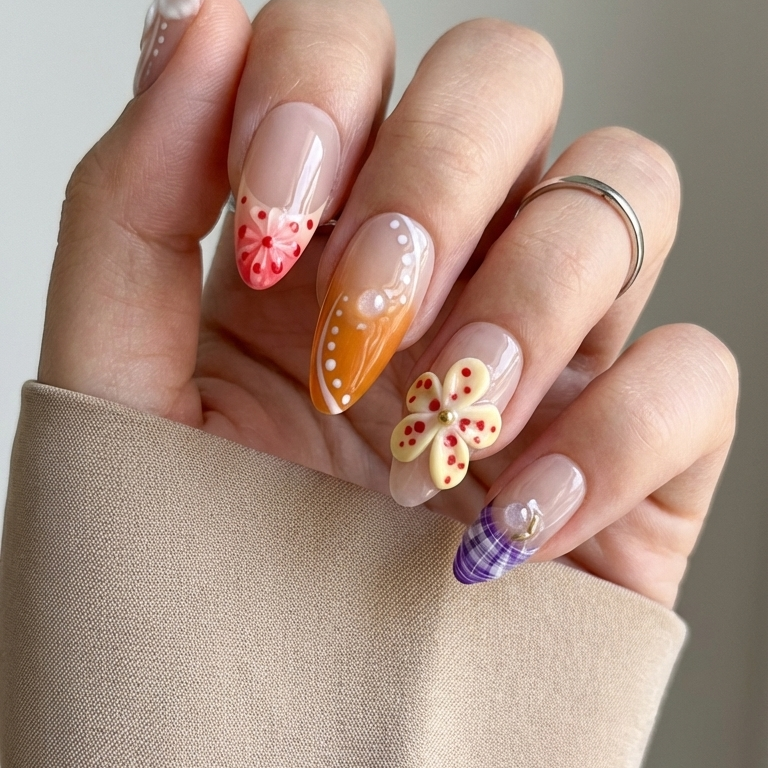 Ellie Vincy Press on Nails Dewy Floral | Handmade Nails Almond Pink, White, Orange Floral