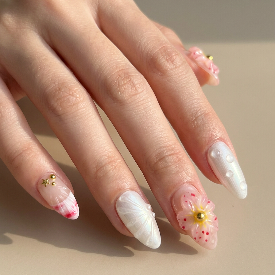 Hand with decorative nails featuring flowers and gold accents on a neutral background