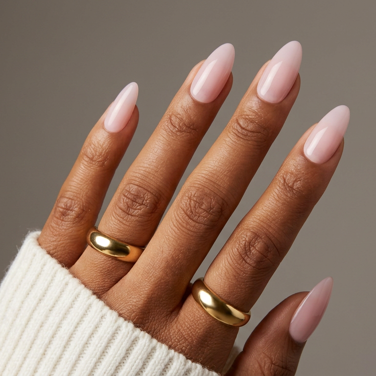 Hand with pink nail polish and gold rings on a neutral background
