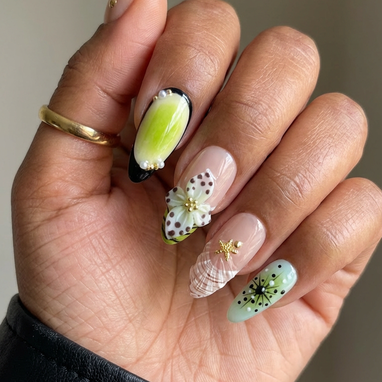 ellie vincy press on nails Pearl Green Leaf | Handmade Nails Almond Green Floral