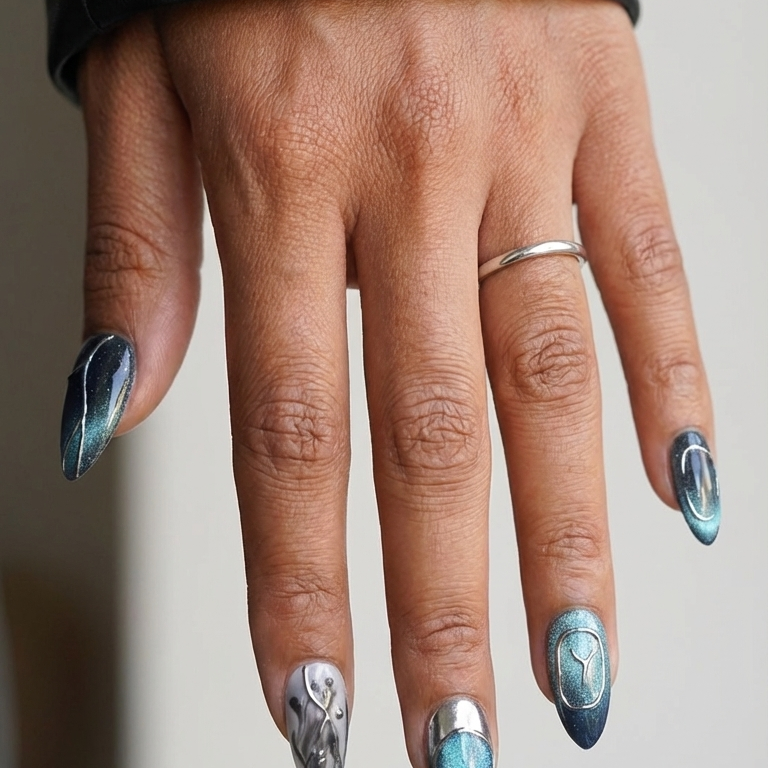 ellie vincy press on nails Oceanic Edge | Handmade Nails Almond Blue Abstract, Metallic, Geometric, Chrome