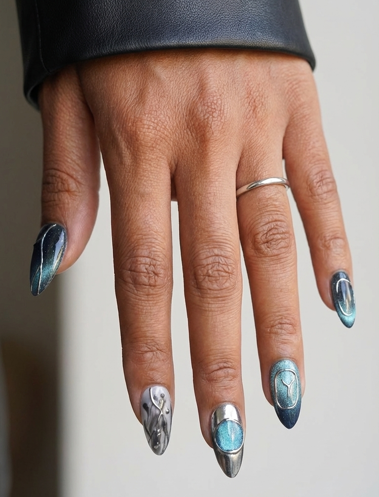 ellie vincy press on nails Oceanic Edge | Handmade Nails Almond Blue Abstract, Metallic, Geometric, Chrome