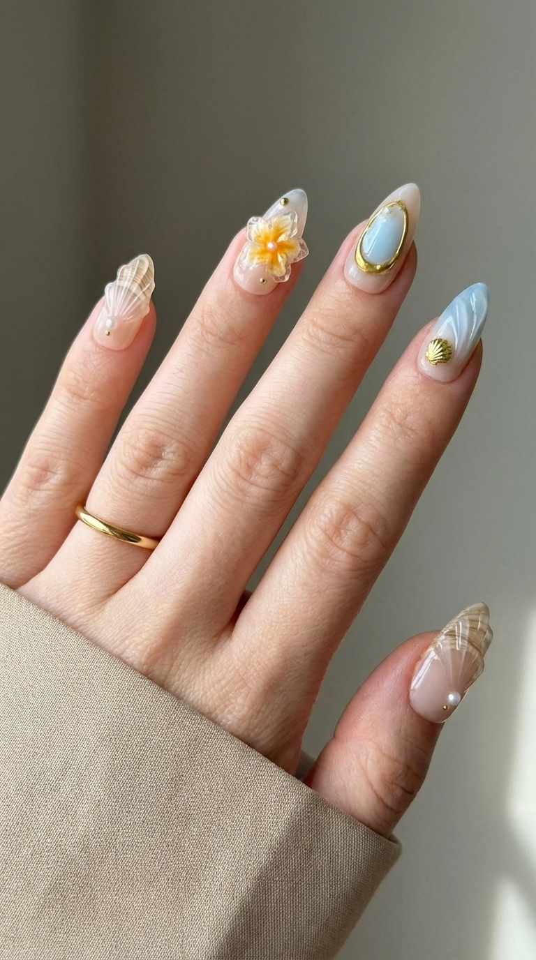 Ellie Vincy Press on Nails Coastal Shell Almond Luxury Short Glue on Press on Nails Almond, Square Floral, Pink, Beige, Geometric Floral, French tip, Abstract, Geometric, Metallic