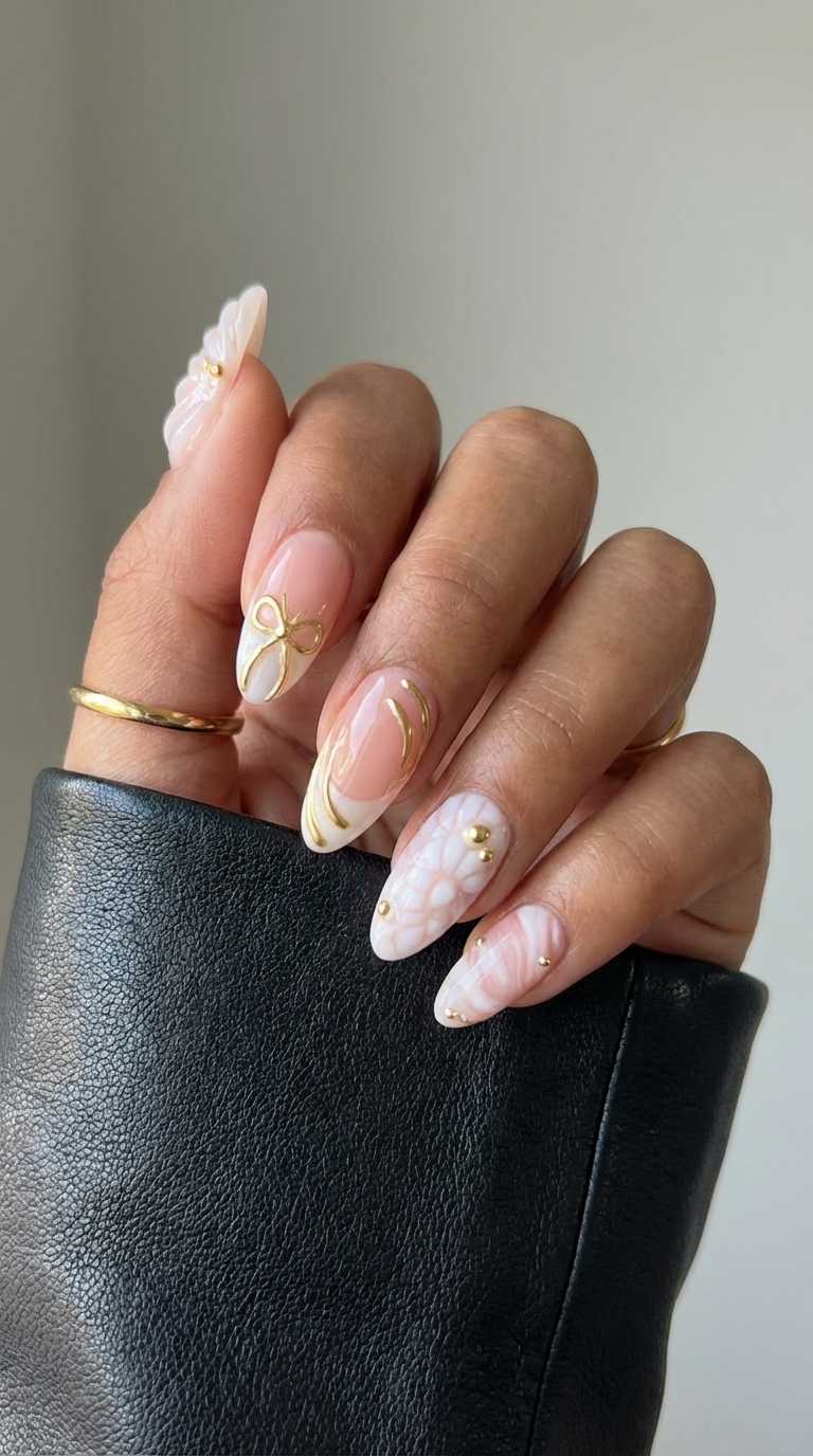 Ellie Vincy Press on Nails Golden White Short Almond Luxury Glue on Press on Nails Almond, Square Green Floral, French tip, Animal print, Geometric, EV025, Metallic