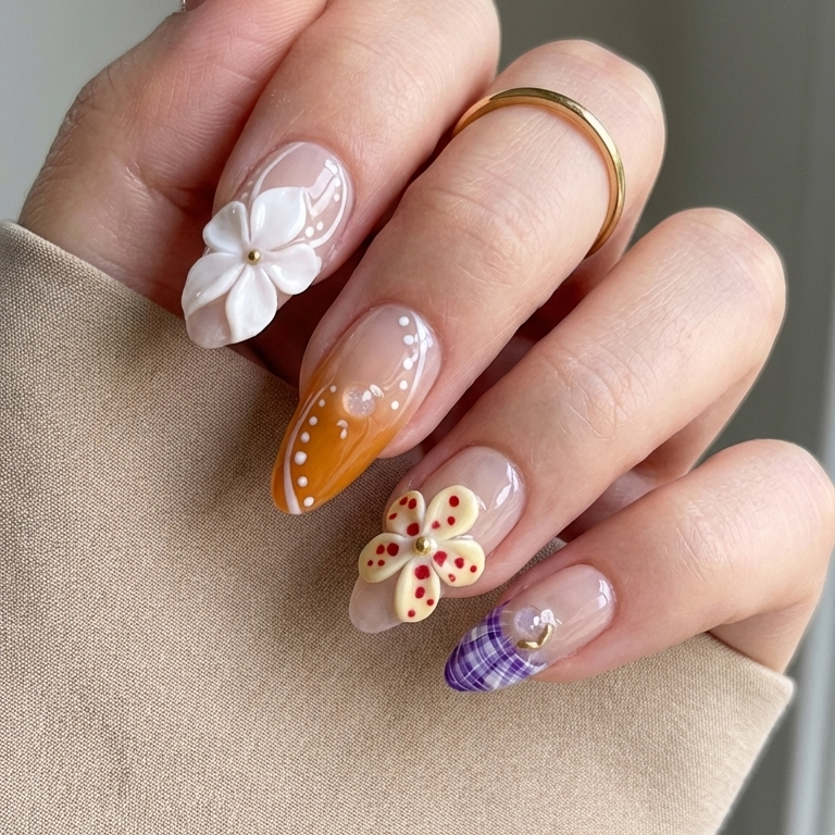 ellie vincy press on nails Dewy Floral | Handmade Nails Almond Pink, White, Orange Floral