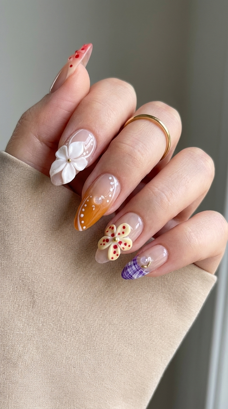 ellie vincy press on nails Dewy Floral | Handmade Nails Almond Pink, White, Orange Floral
