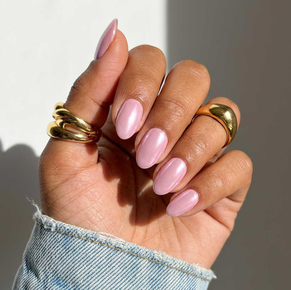 Hand with pink nails and gold rings on a neutral background
