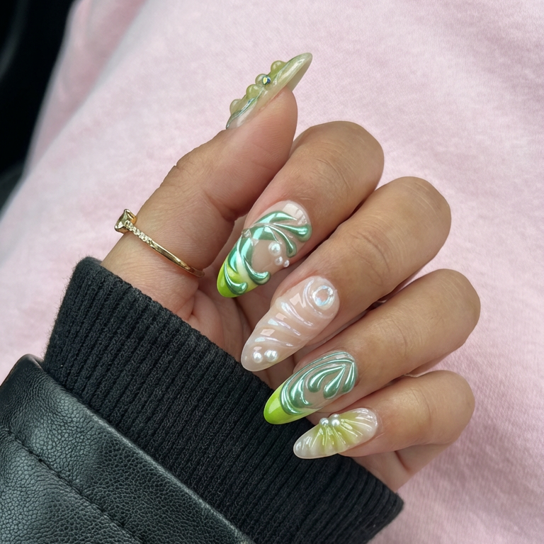 ellie vincy press on nails Green Oasis | Handmade Nails Almond Green Cute, Floral, Natural