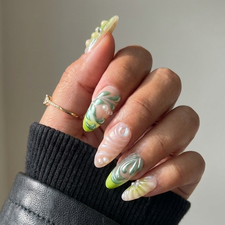 ellie vincy press on nails Green Oasis | Handmade Nails Almond Green Cute, Floral, Natural