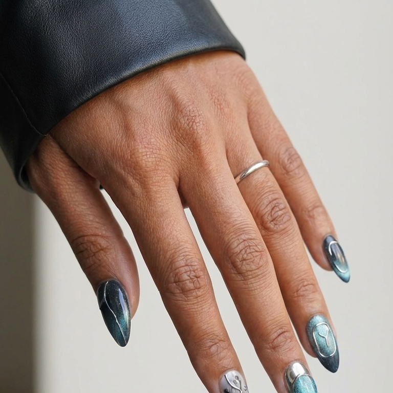 ellie vincy press on nails Oceanic Edge | Handmade Nails Almond Blue Abstract, Metallic, Geometric, Chrome