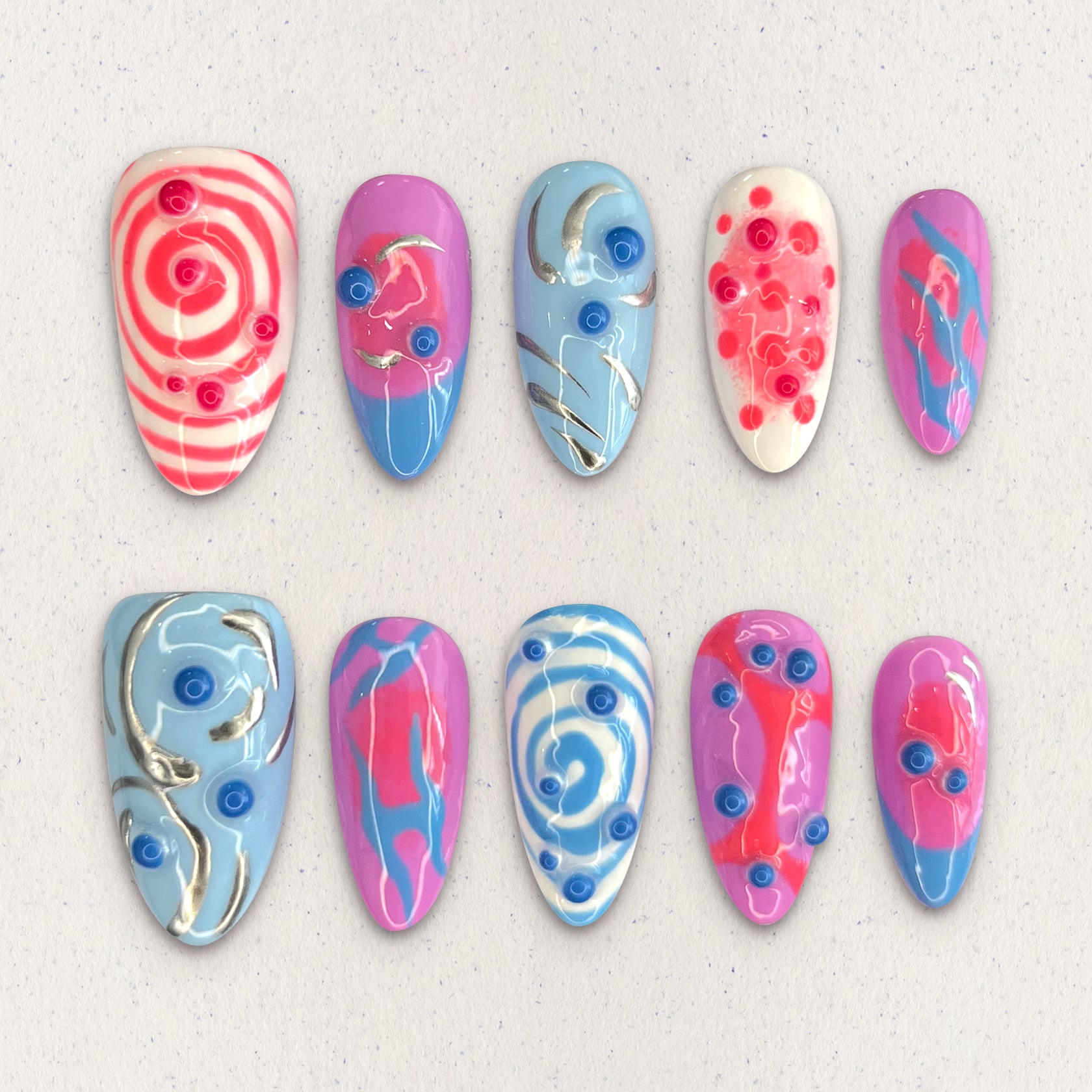 Candy Swirls| Handmade Nails,Ellie Vincy Press on Nails,Long, Medium  Almond,Glitter, Metallic, Abstract,Handmade Pink, Red, Blue press on nails,10 pcs, false nails,reusable,glue on nails