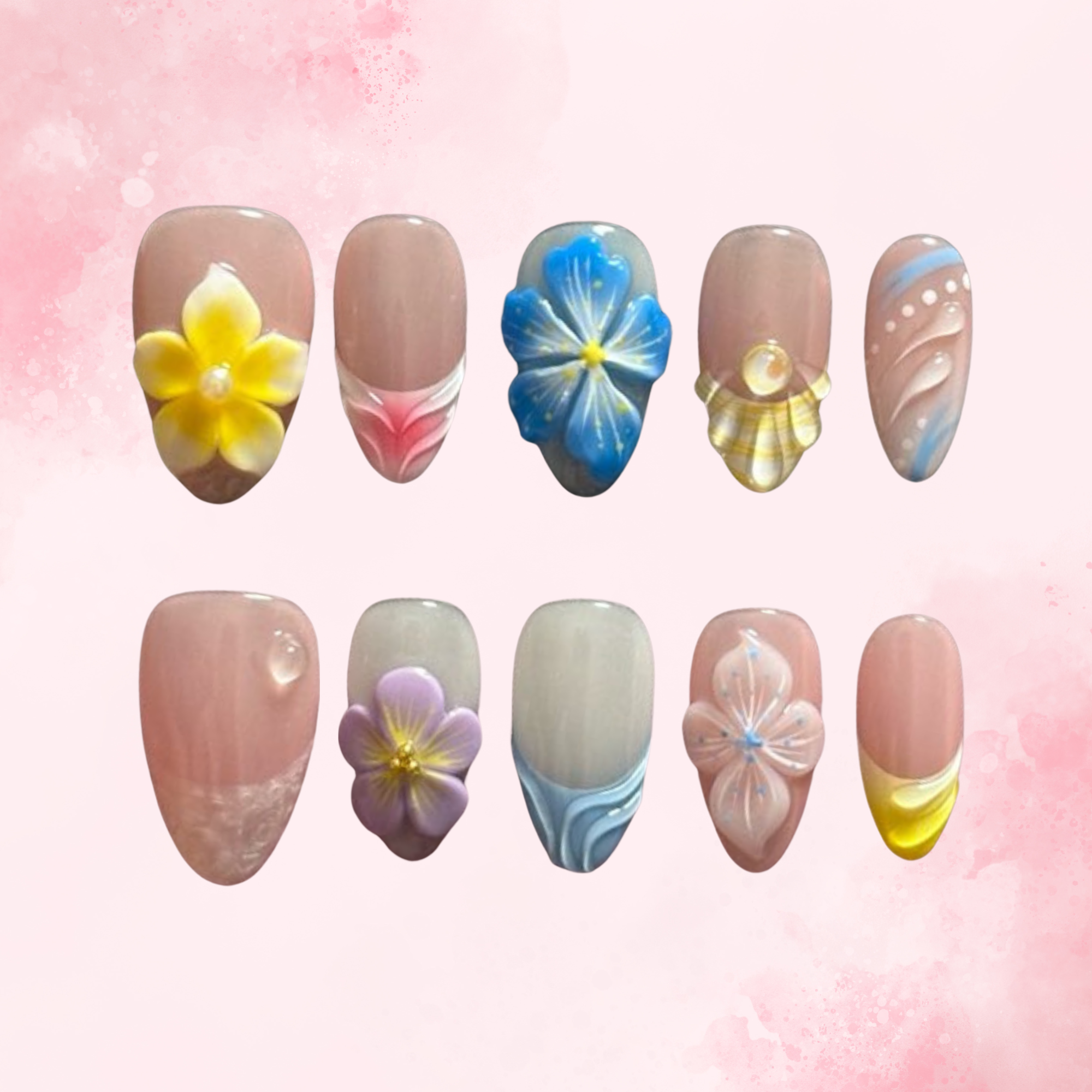 Petal Whispers | Handmade Nails,Ellie Vincy Press on Nails,Short  Almond,Cute, Floral, French tip,Handmade White, Pink, Floral, Blue, Yellow press on nails,10 pcs, False nails,Reusable,Glue on nails,Sticky on nails,Pop on nails