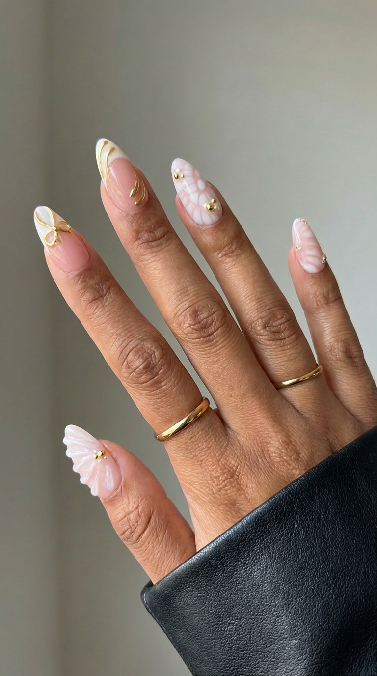 ellie vincy press on nails  Golden White  Short Almond Luxury Glue on Press on Nails Almond, Square  Green  Floral, French tip, Animal print, Geometric, EV025, Metallic