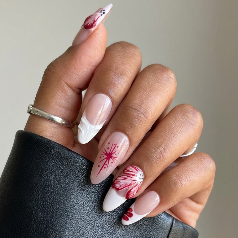 ellie vincy press on nails  Crimson Blossom | Handmade Nails Almond  Pink, Red, White  Cute, Floral, French tip