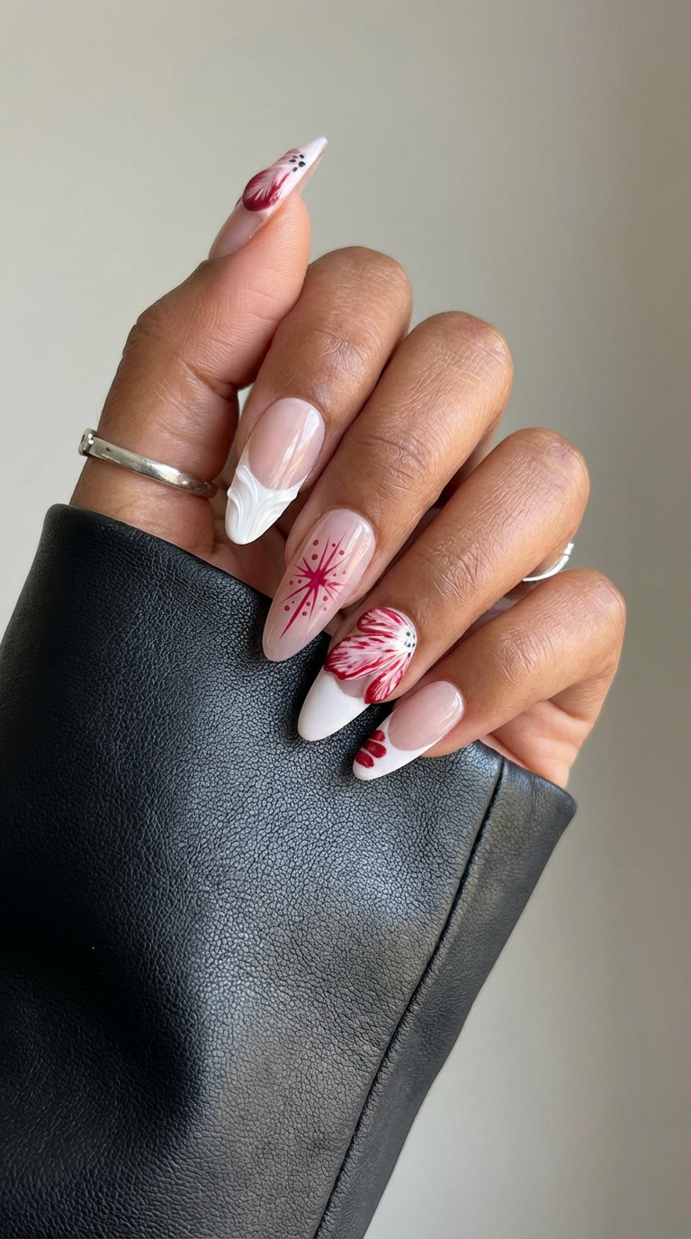 Ellie Vincy Press on Nails  Crimson Blossom | Handmade Nails Almond  Pink, Red, White  Cute, Floral, French tip