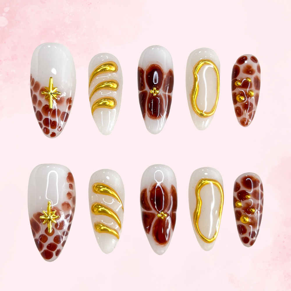 Brown Gold Marble  | Handmade Nails,Ellie Vincy Press on Nails,Medium  Almond,Floral, Metallic,Handmade Floral, Brown, Gold, Nude press on nails,10 pcs, false nails,reusable,glue on nails