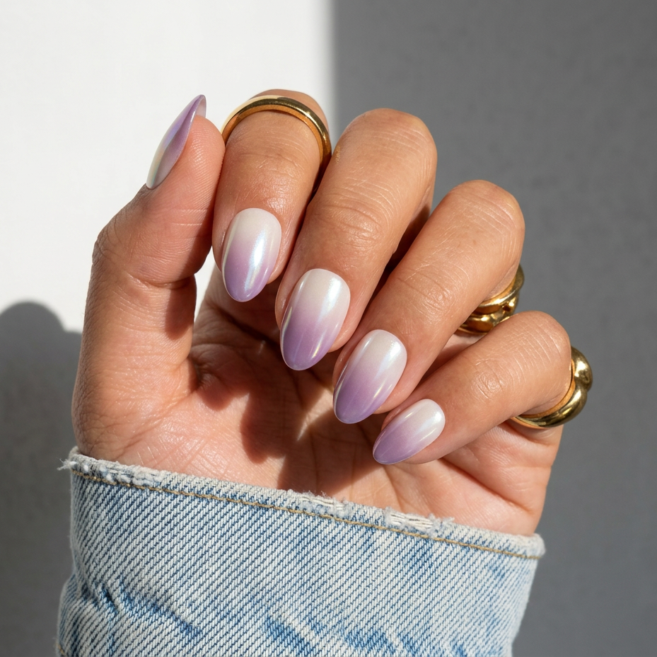 Hand with pastel gradient nail polish wearing gold rings on a neutral background