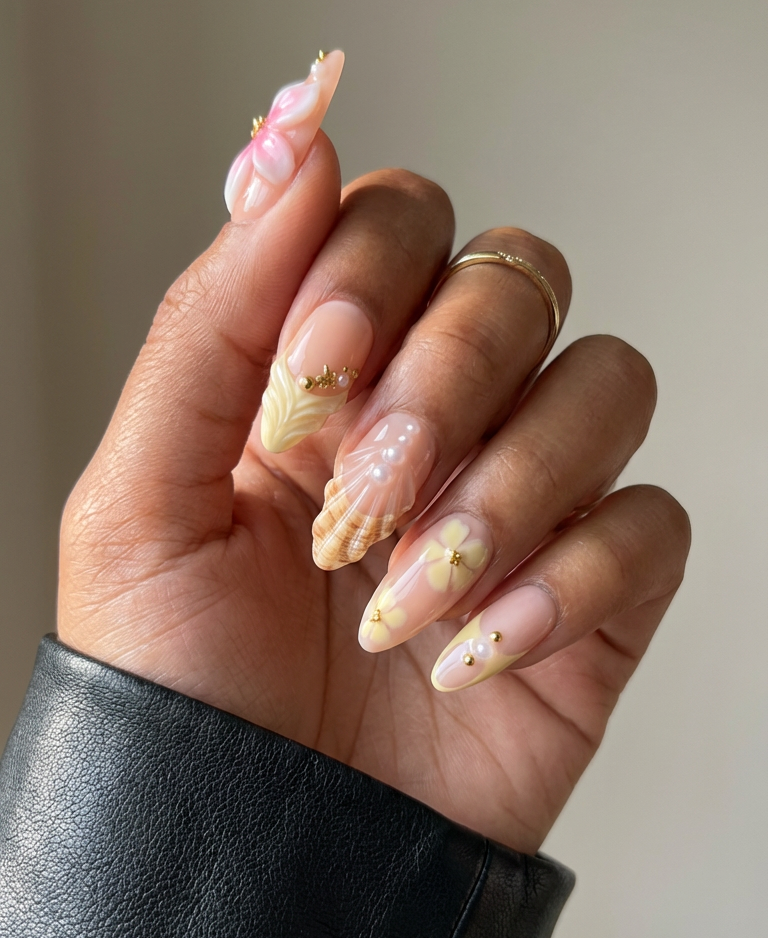 ellie vincy press on nails  Nude Shell  Short Almond Luxury Glue on Press on Nails Almond, Square  Green  Floral, French tip, Animal print, Geometric, EV025, Metallic