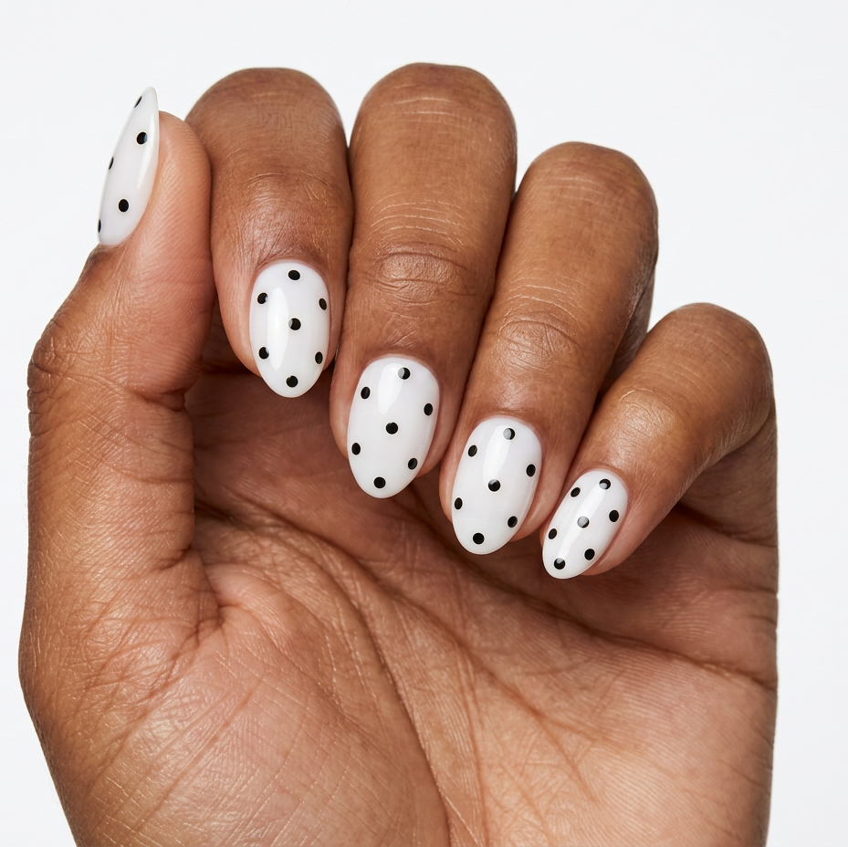 Hand with white nail polish featuring black polka dots on a plain background